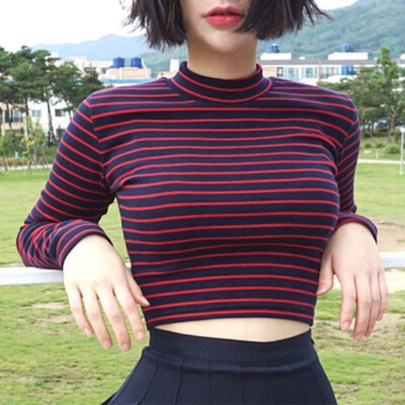 Tops - Striped Long Sleeve Mock Neck Cropped Top